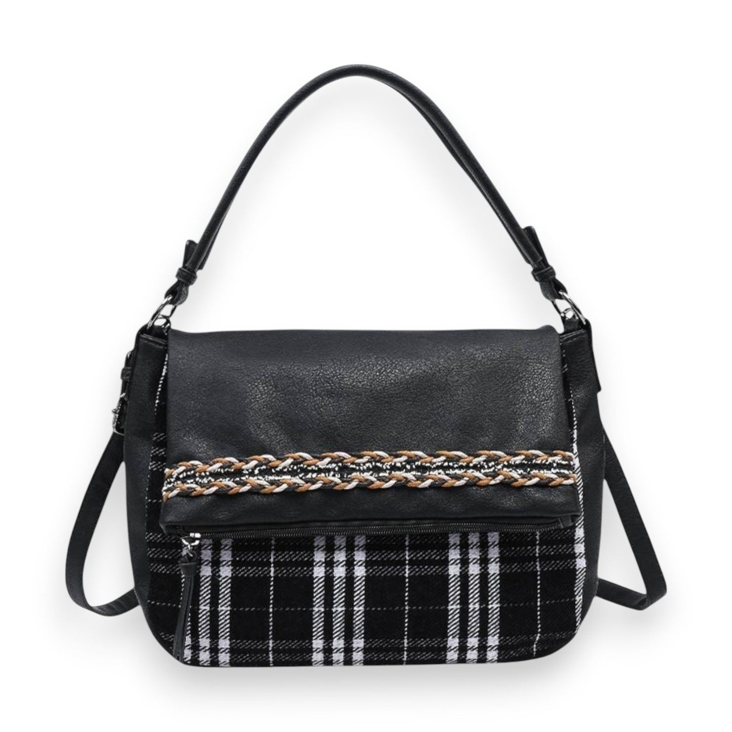 Handtasche Donna Alessia aus schwarzem Kunstleder mit Karomuster