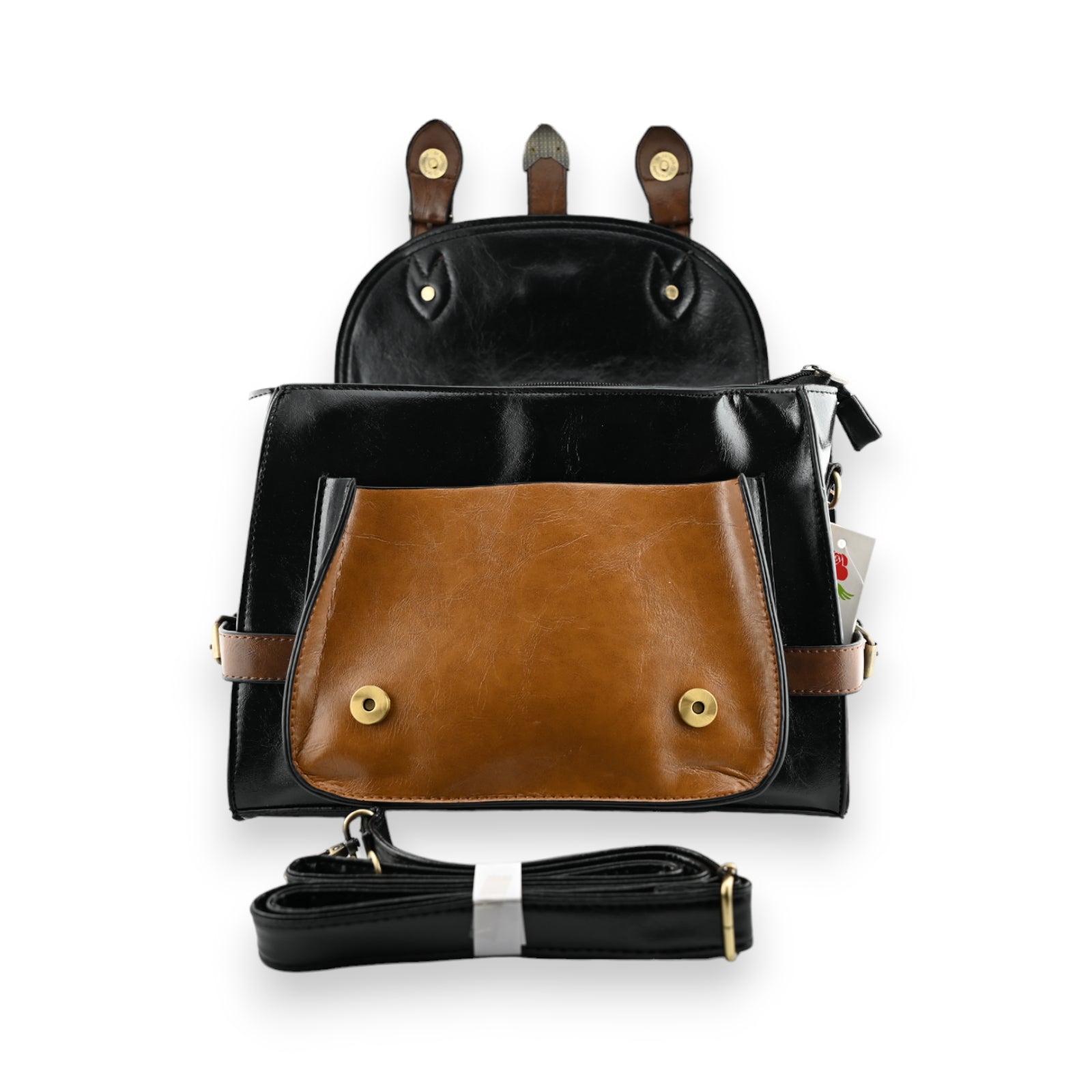Große Vintage-Schultasche in Schwarz und Kamelbraun mit Lederriemen, Metallverschlüssen und abnehmbarem Schultergurt