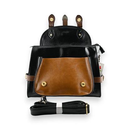 Große Vintage-Schultasche in Schwarz und Kamelbraun mit Lederriemen, Metallverschlüssen und abnehmbarem Schultergurt