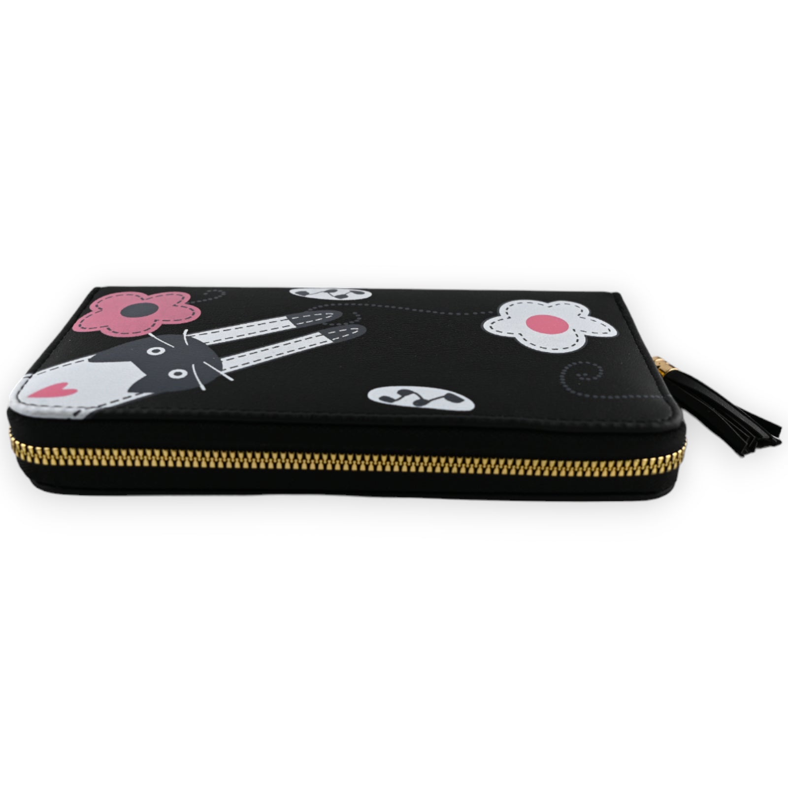 Schwarze Brieftasche mit Reißverschluss, verziert mit Katzen- und Blumenmotiven in Weiß, Grau und Rosa