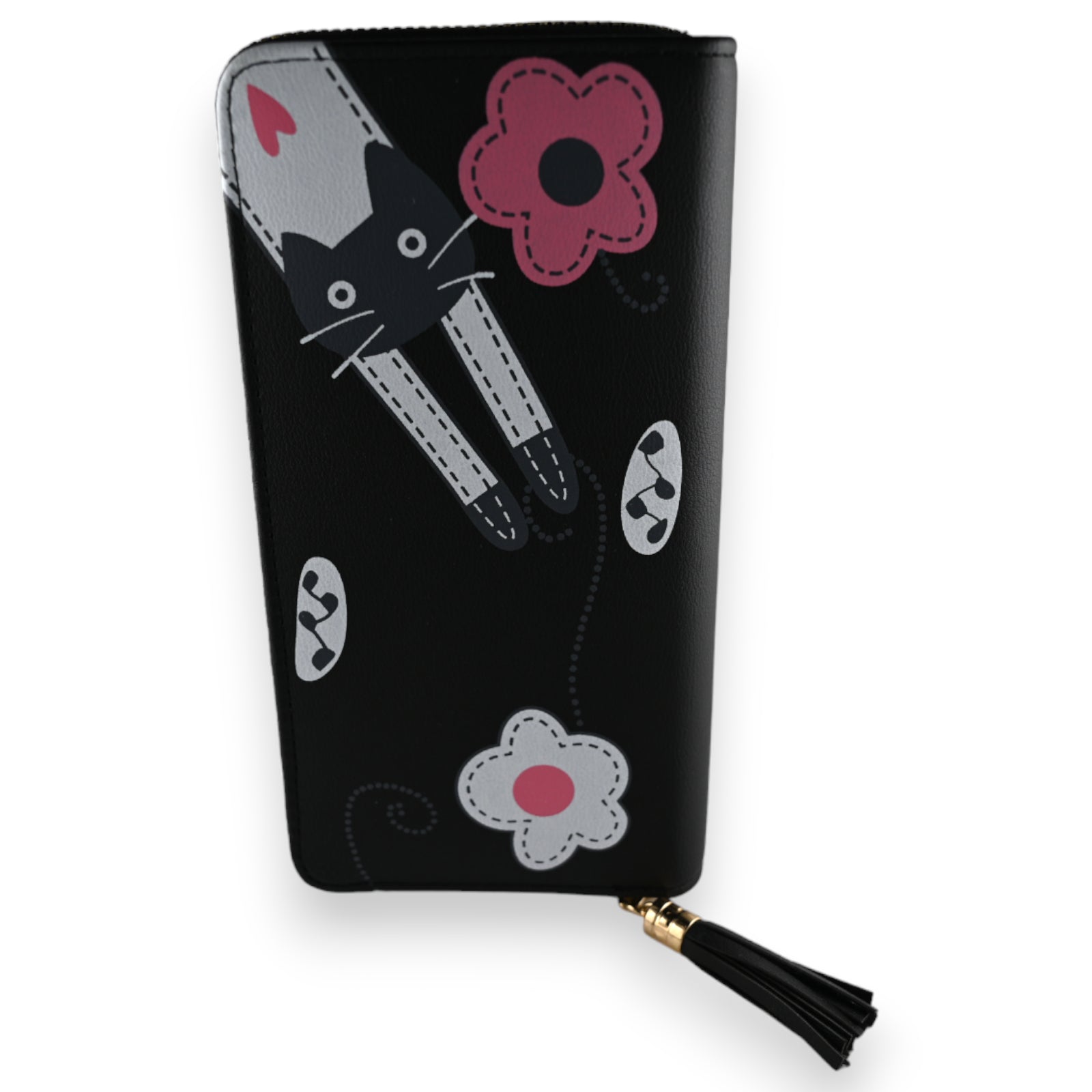 Schwarze Brieftasche mit Katzenmotiv, Blumen und Herzen. Stylisches Design mit Stickerei und Quaste. Modisches Accessoire.