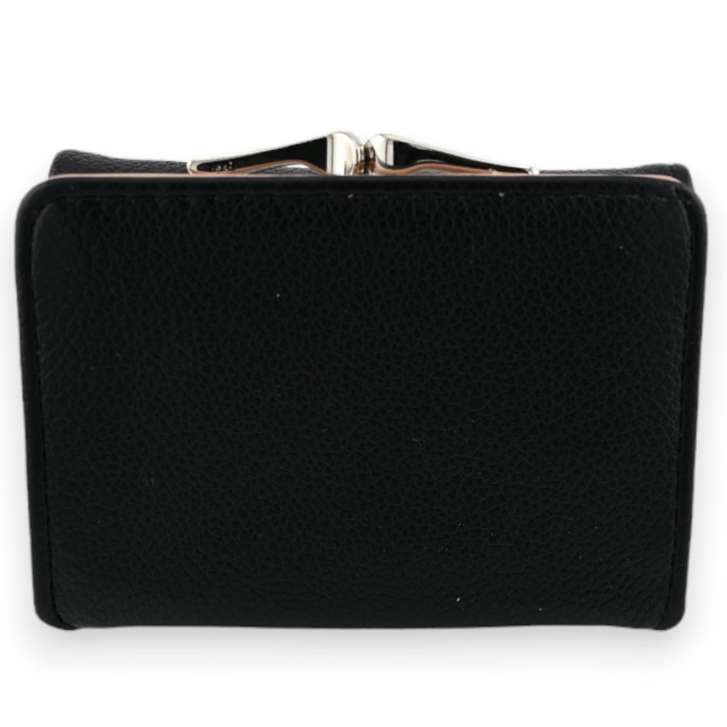 Schwarze Ledergeldbörse mit silbernem Verschluss, kompakte Größe, strukturierte Oberfläche, elegantes Design