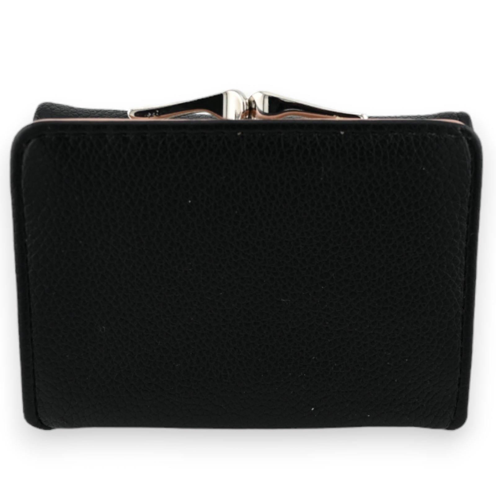 Schwarze Ledergeldbörse mit silbernem Verschluss, kompakte Größe, strukturierte Oberfläche, elegantes Design