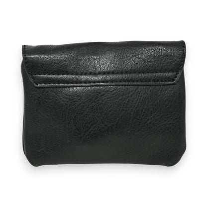 Schwarze Leder-Geldbörse mit Klappe, kompaktes Design, glatte Oberfläche, elegantes Accessoire für Alltagsgebrauch