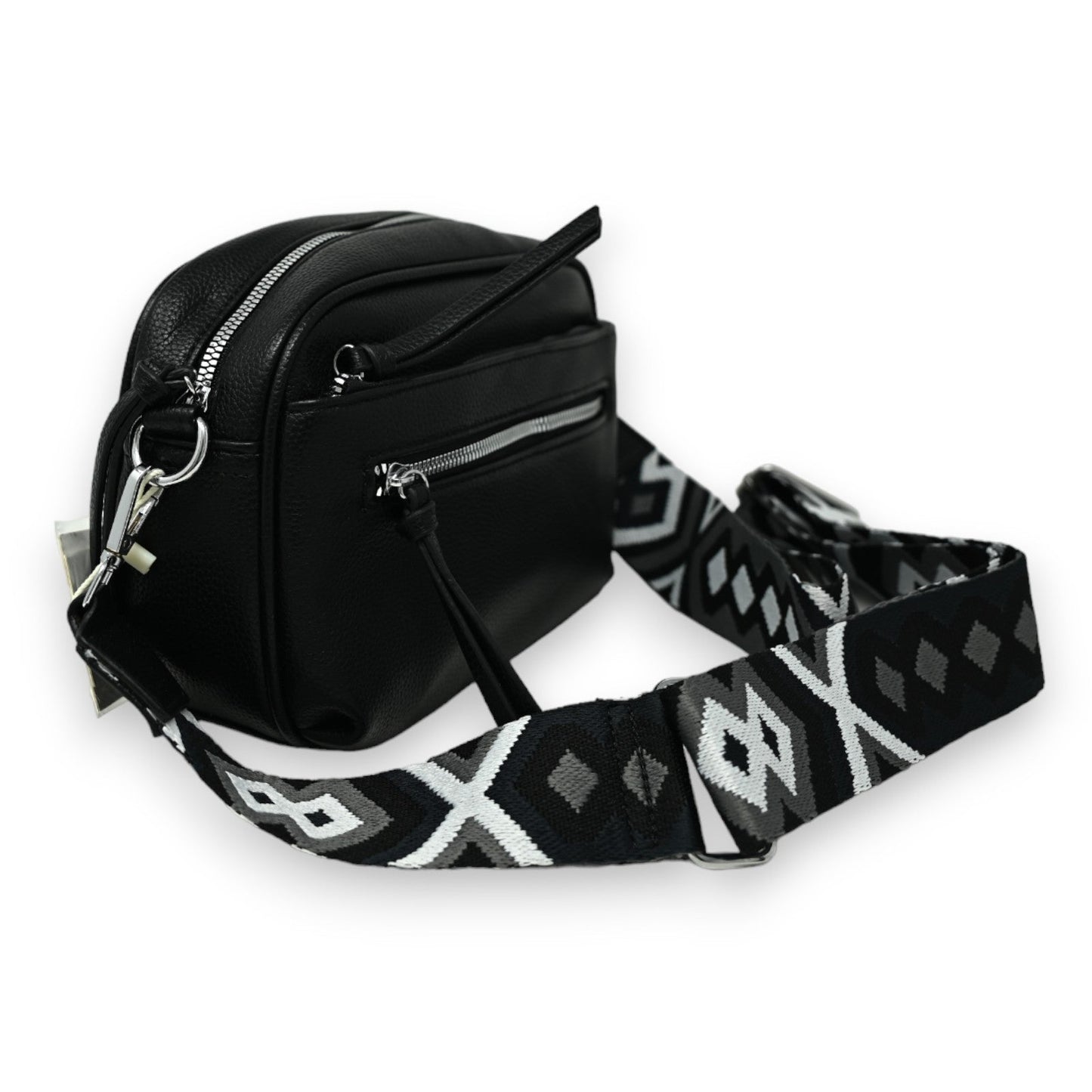 Schwarze Leder-Umhängetasche mit geometrischem Muster-Trageriemen, Reißverschlüssen und Silberbeschlägen