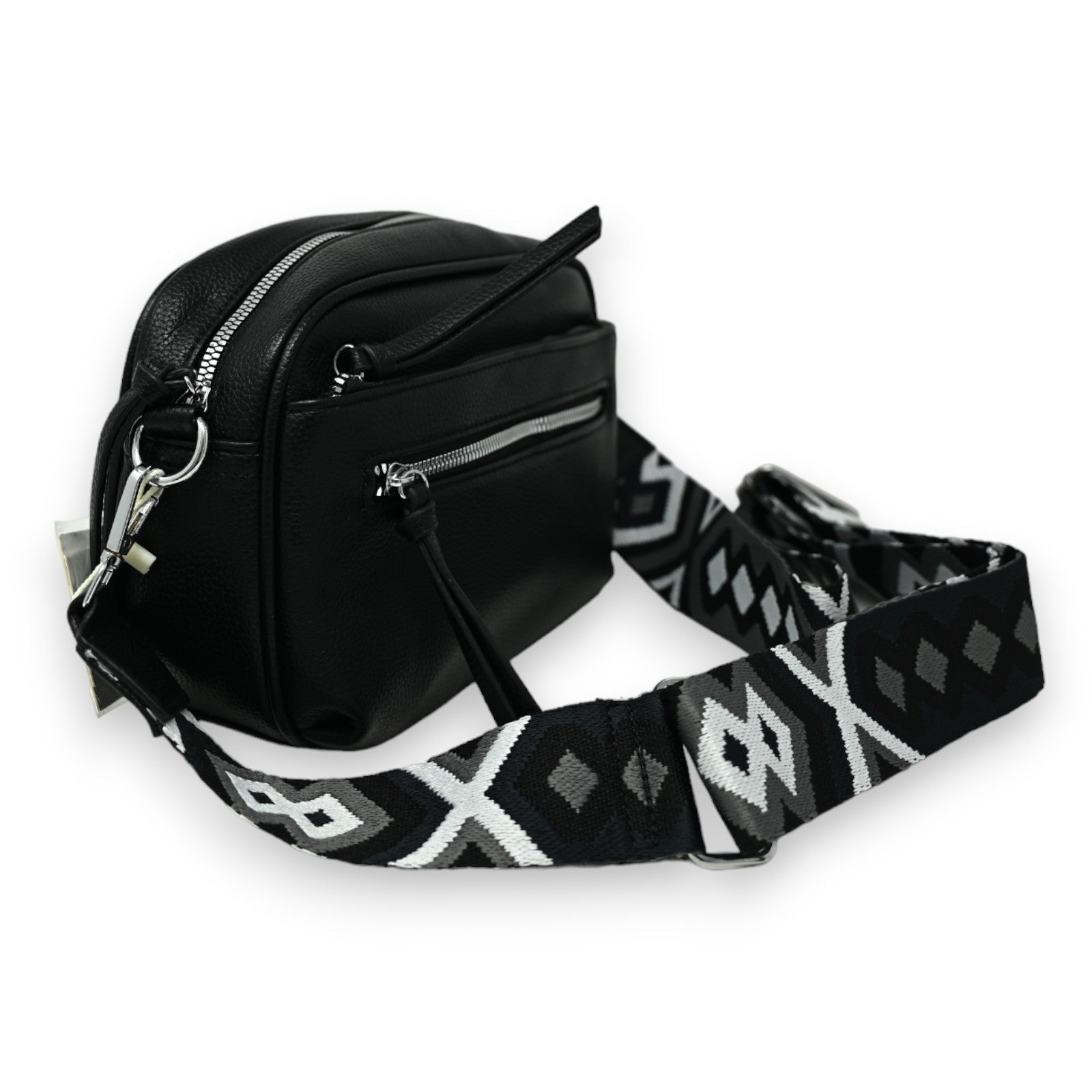 Schwarze Leder-Umhängetasche mit geometrischem Muster-Trageriemen, Reißverschlüssen und Silberbeschlägen