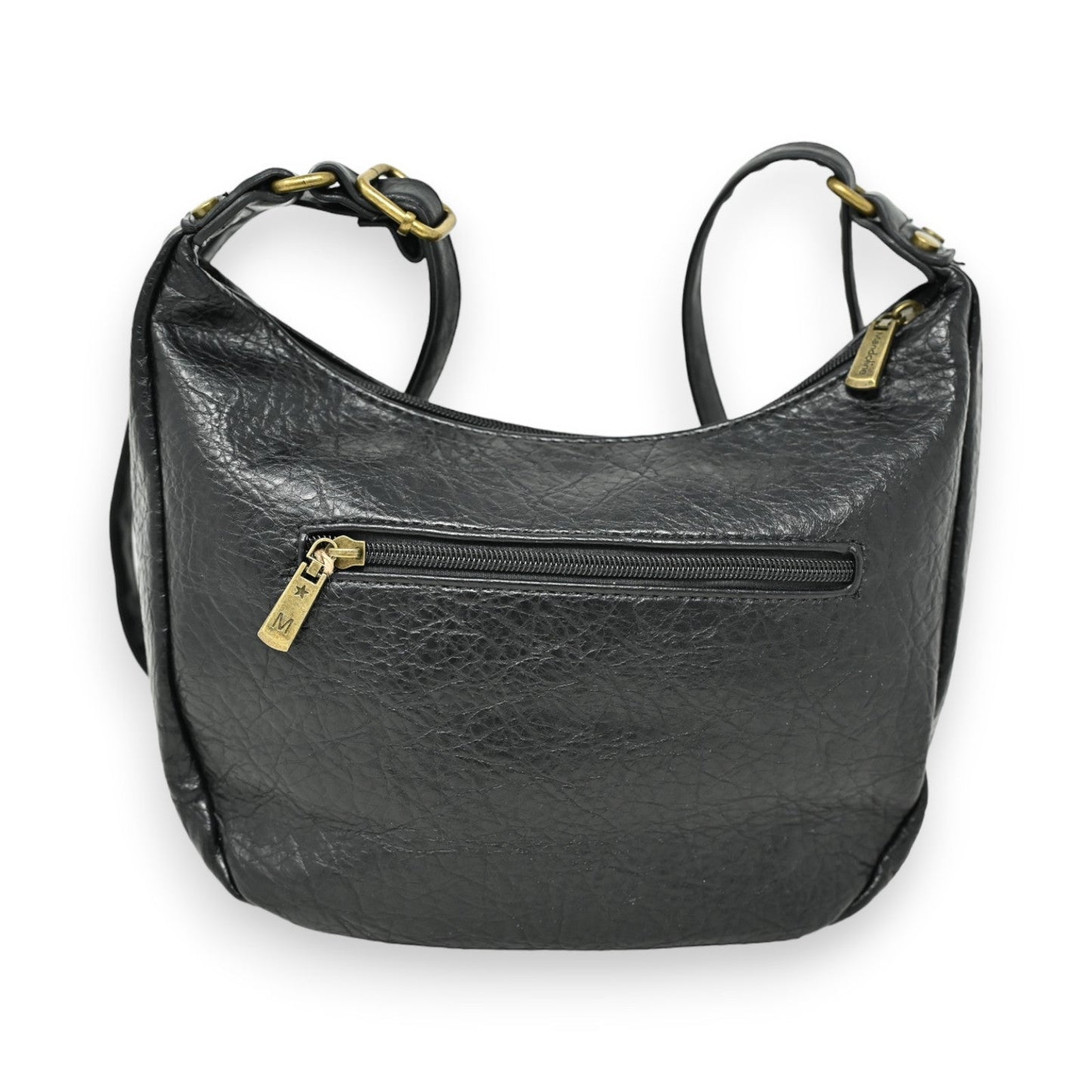 Schwarze Leder-Umhängetasche mit goldenen Metallbeschlägen, Reißverschluss und rundem Design, perfekt für den Alltag