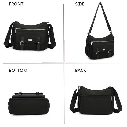 Schwarze Mehrtaschen-Umhängetasche Gallantry Paris, Front-, Seiten-, Rück- und Bodenansicht, vielseitig und praktisch