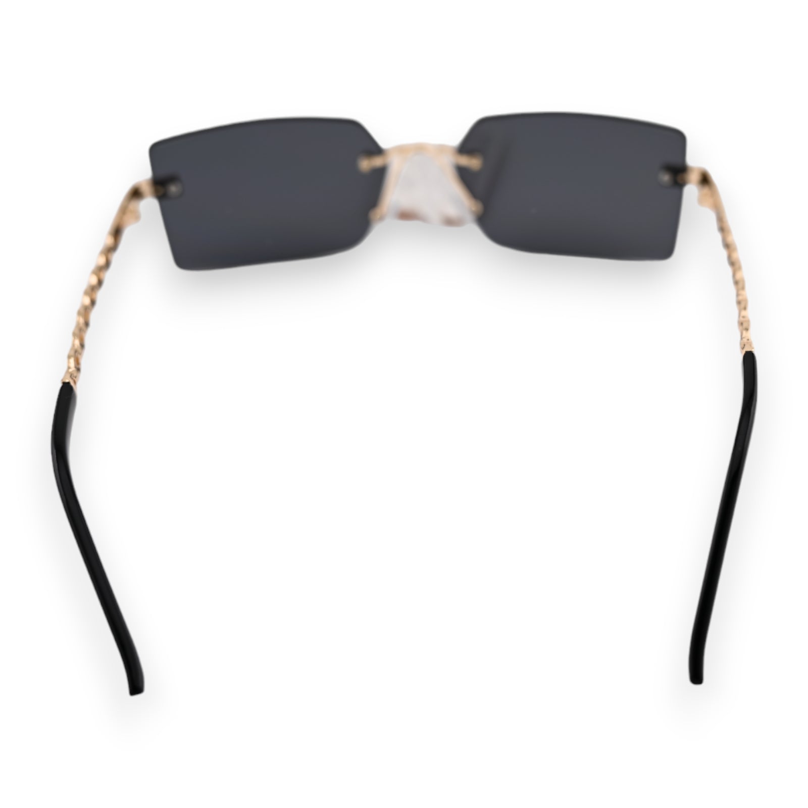 Schwarze quadratische Sonnenbrille mit goldenem Kettengestell, randlos, modernes Design für stilbewusste Träger
