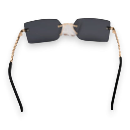 Schwarze quadratische Sonnenbrille mit goldenem Kettengestell, randlos, modernes Design für stilbewusste Träger