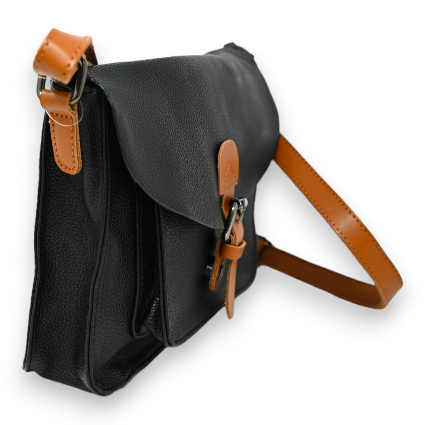 Elegante schwarze Schultertasche aus Leder mit braunen Akzenten, Schnallenverschluss und verstellbarem Riemen