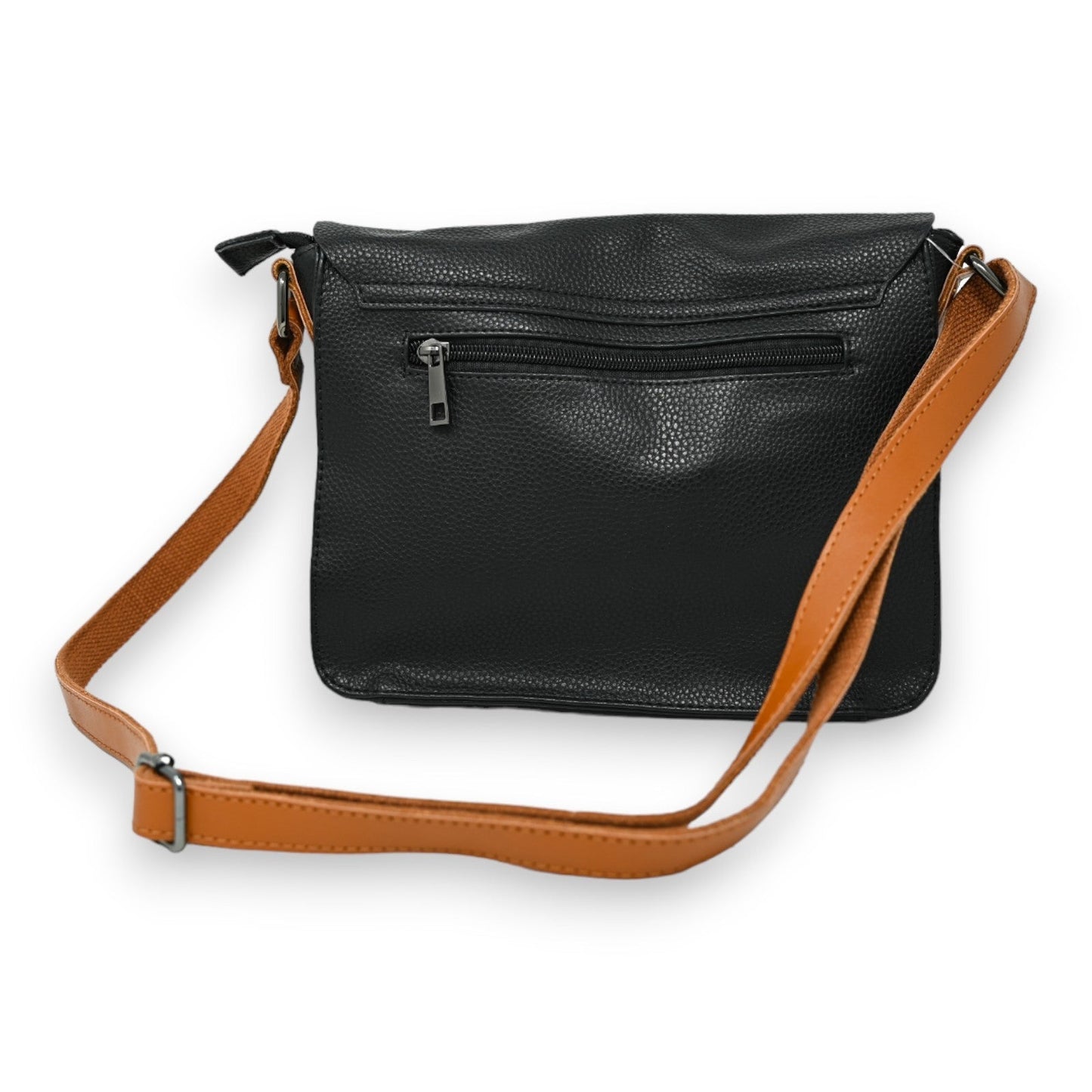 Schwarze Leder-Schultertasche mit braunem Trageriemen, Reißverschluss-Außentasche, modernes Design für Damen und Herren