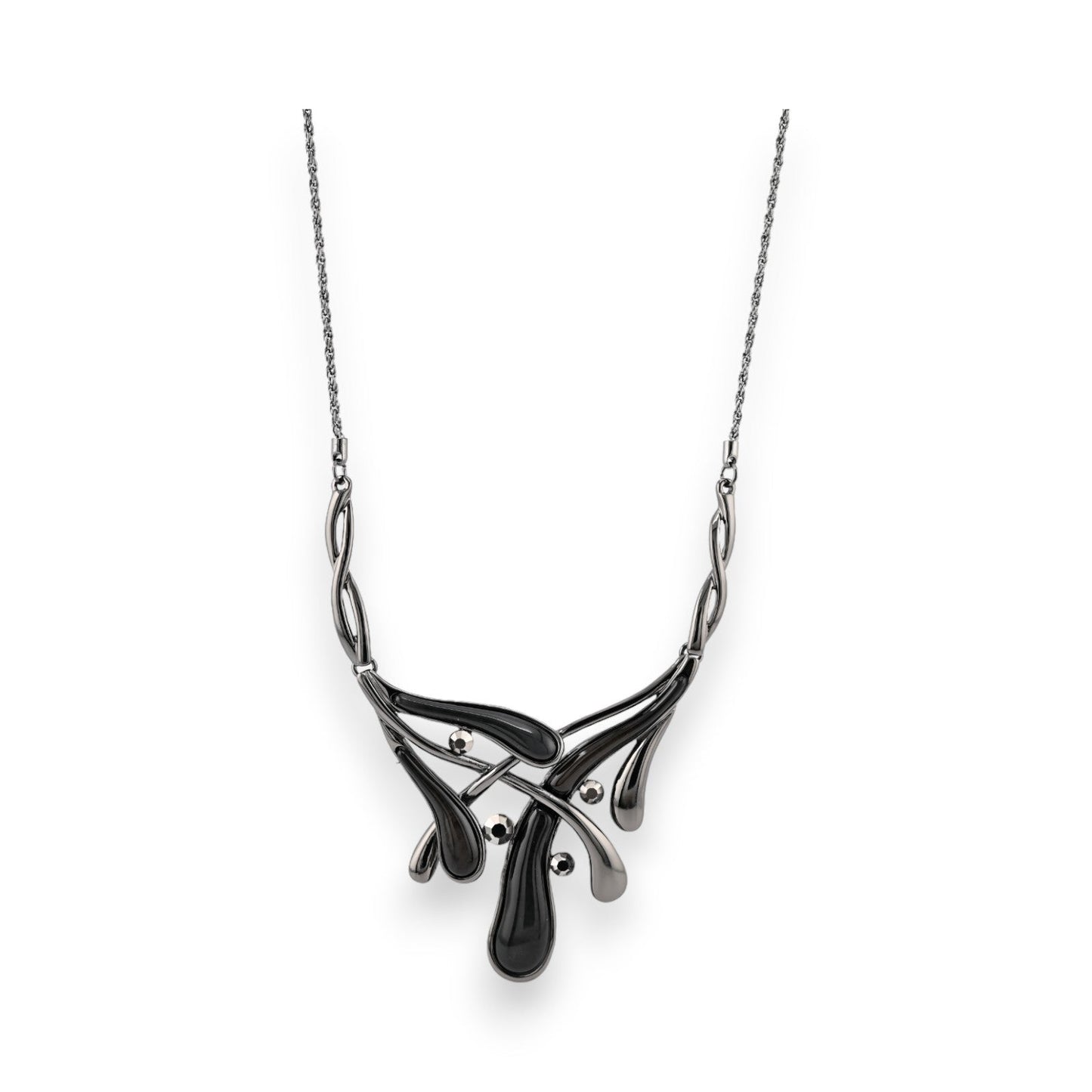 Elegante Halskette mit geschwungenem Medaillon in Schwarz und Silber, modernes Design, feine Kette