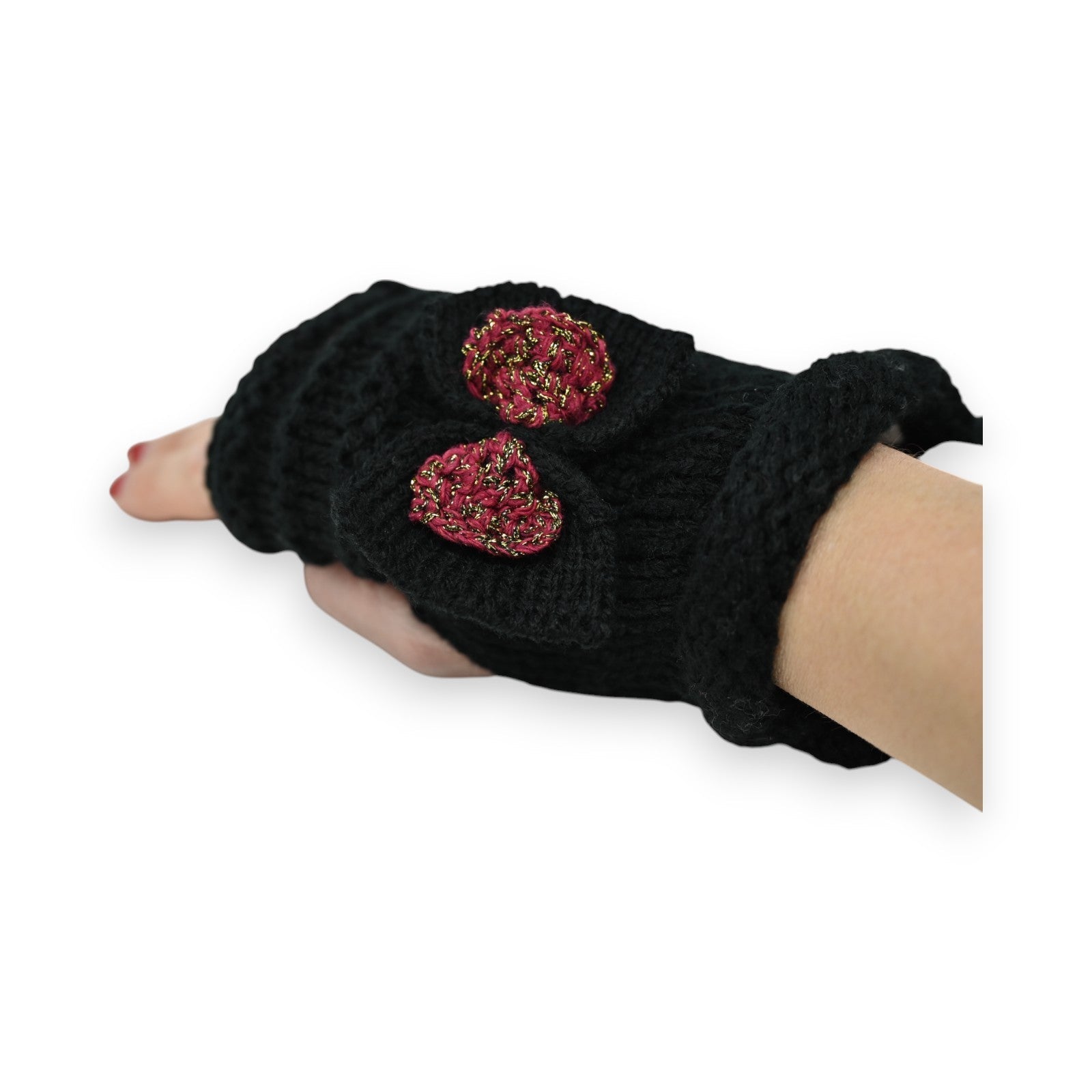 Schwarze Strickhandschuhe mit zwei burgunderroten Schleifen, fingerlos, auf einer Hand getragen
