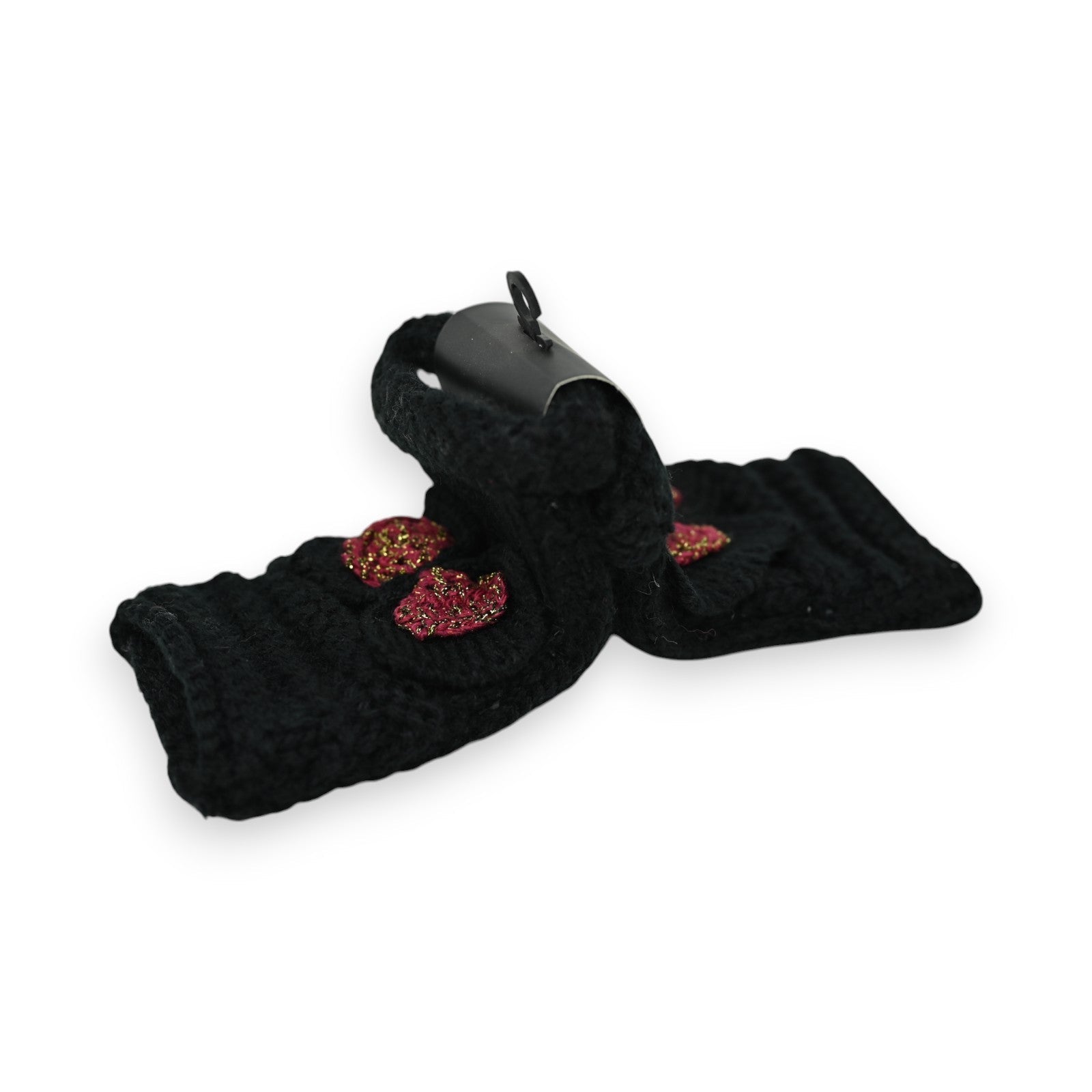 Schwarze Strickhandschuhe mit glitzernden burgunderroten Schleifen, elegant und warm für den Winter