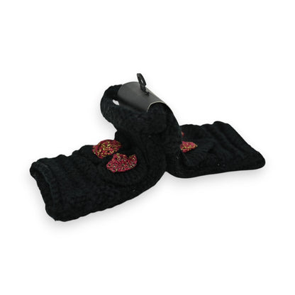 Schwarze Strickhandschuhe mit glitzernden burgunderroten Schleifen, elegant und warm für den Winter