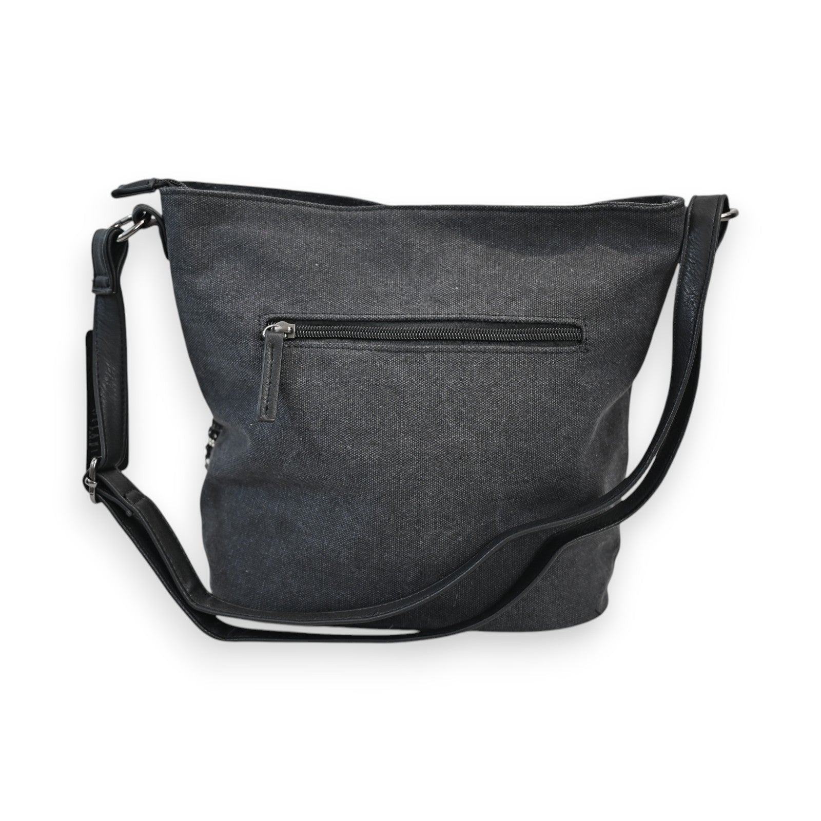 Schwarze Umhängetasche Melanie Paris Bohème aus Canvas und Leder mit Reißverschluss-Außentasche und verstellbarem Schulter...