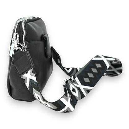 Kompakte schwarze Umhängetasche mit Reißverschluss und abnehmbarem Schulterriemen mit geometrischem Muster in Schwarz-Weiß