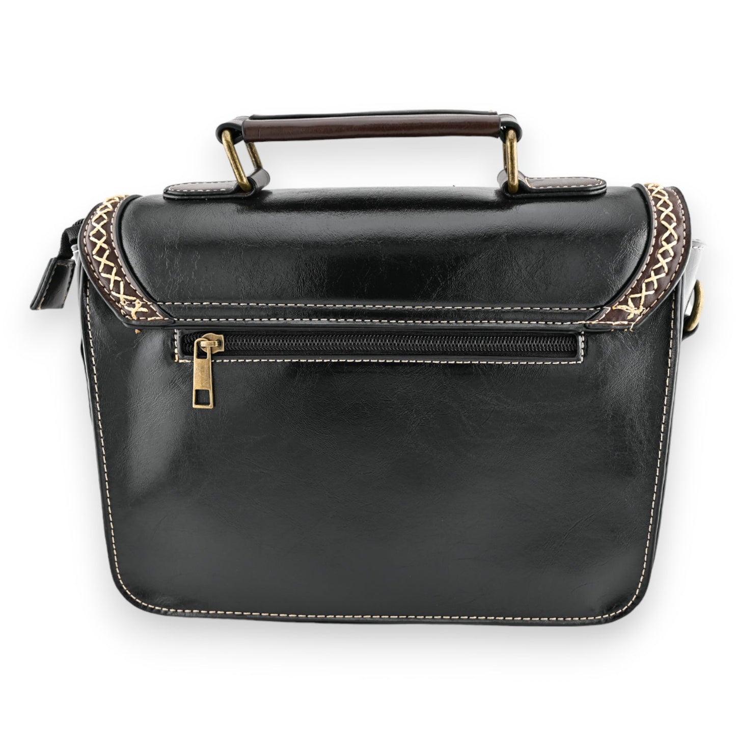 Schwarze Vintage-Aktentasche aus Leder mit braunen Details, Griff und Reißverschluss, elegantes Design für Büro und Alltag