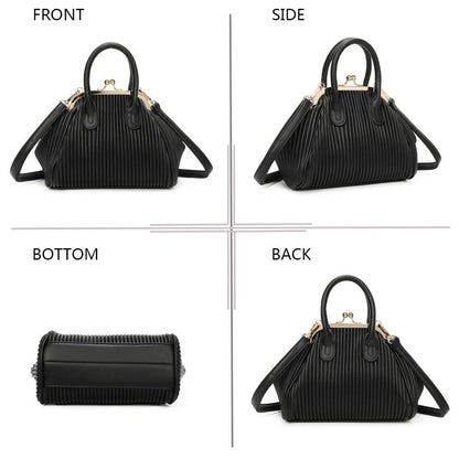 Schwarze strukturierte Handtasche mit Goldverschluss, Vorder-, Seiten-, Rück- und Bodenansicht, elegantes Design