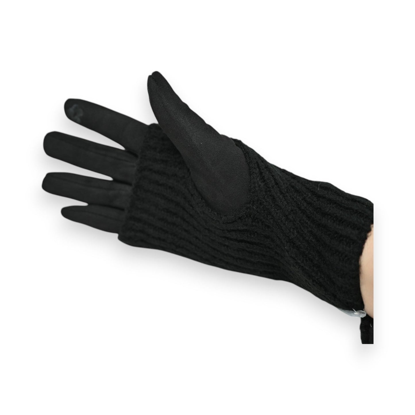 Schwarzer 2-in-1 Handschuh mit Strickbündchen und Wildlederimitat-Handfläche, elegant und warm für den Winter