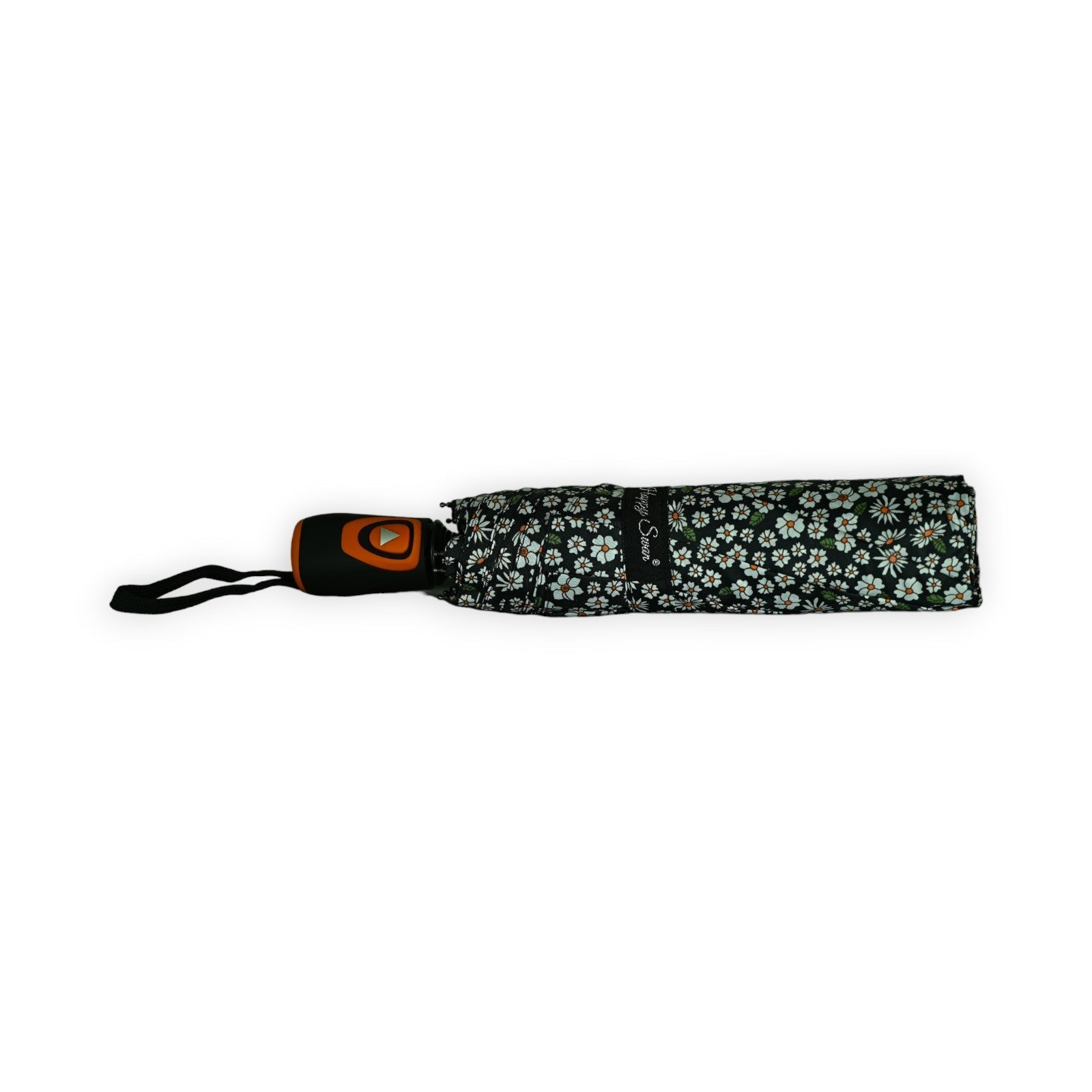 Faltbarer Regenschirm mit schwarzem Blumenmuster, orangefarbenem Griff und automatischem Öffnungsmechanismus