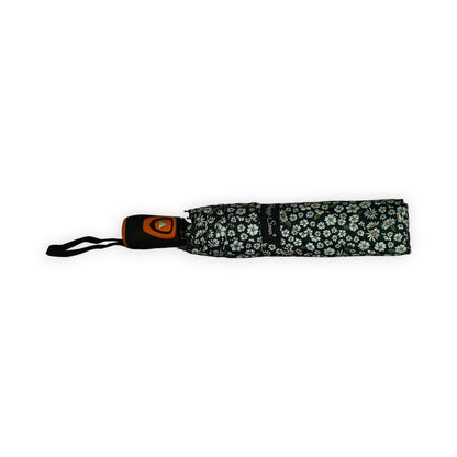 Faltbarer Regenschirm mit schwarzem Blumenmuster, orangefarbenem Griff und automatischem Öffnungsmechanismus