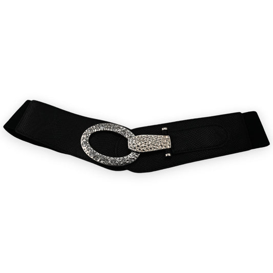 Elastischer Damengürtel in Schwarz mit silberner Schnalle
