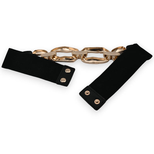 Eleganter Frauen-Fantasiegürtel mit schwarzem elastischem Band und großer goldener Gliederkette als Akzent
