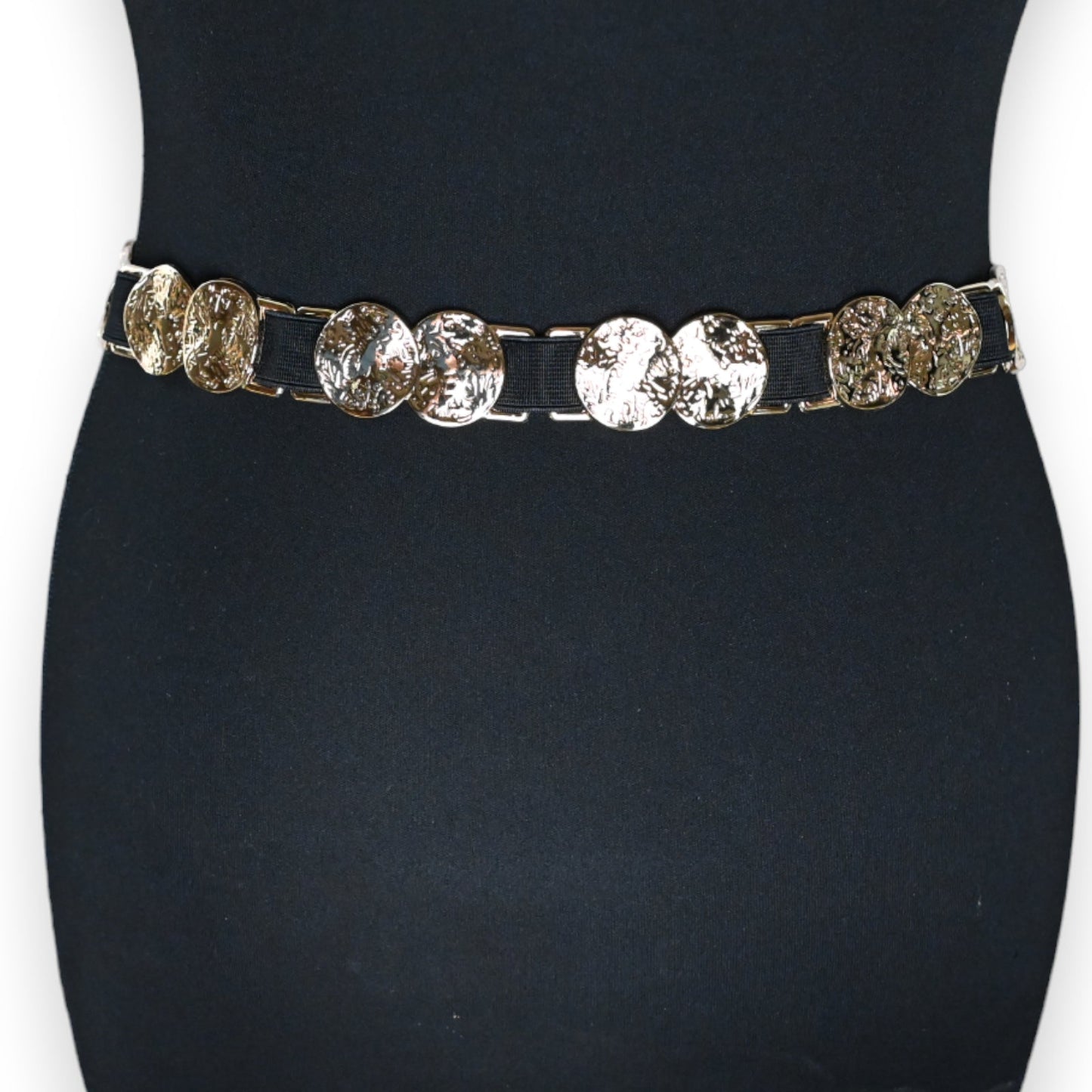 Eleganter Damen-Taillengürtel mit goldenen Münzplatten auf schwarzem Elastikband, modisches Accessoire für Kleider
