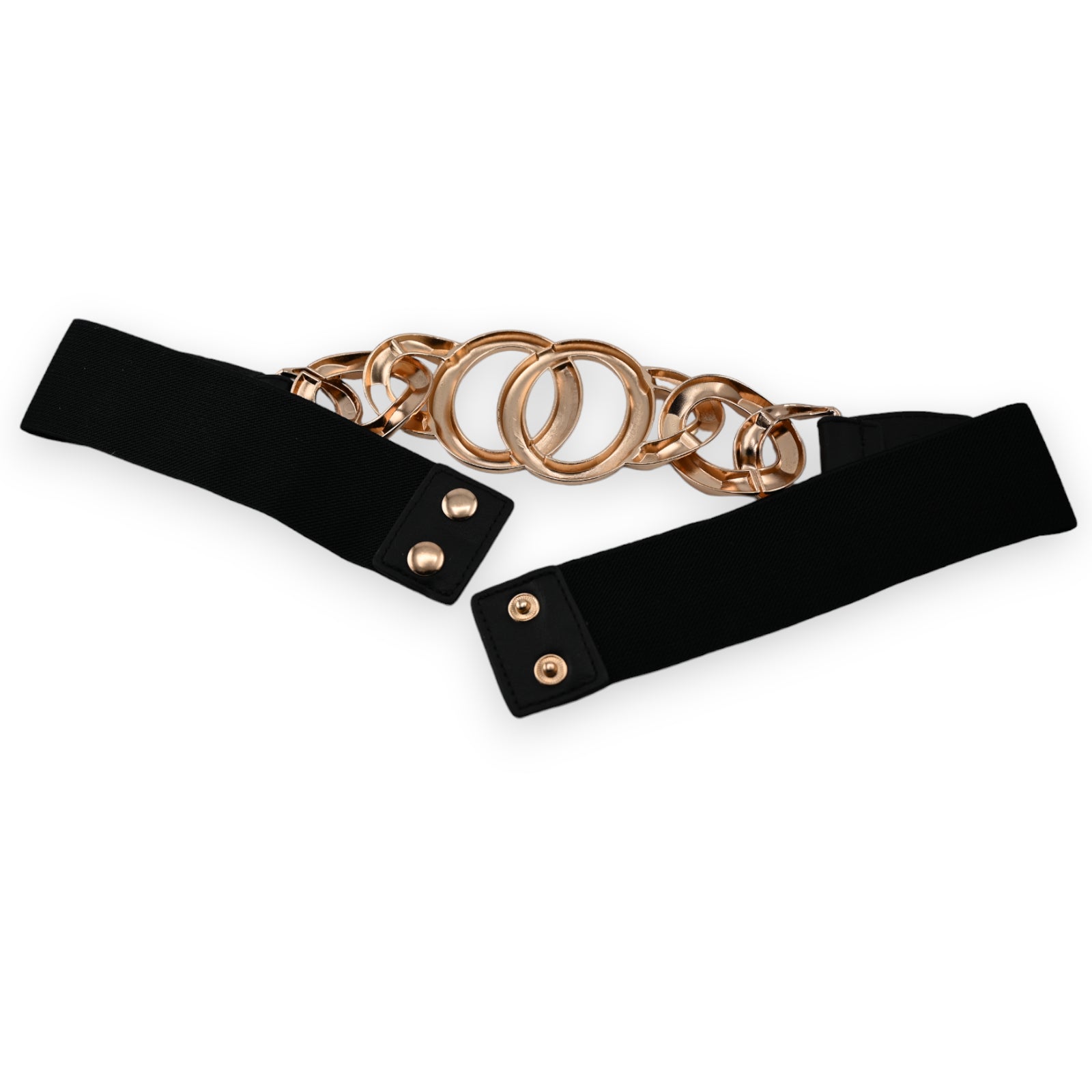 Schwarzer elastischer Gürtel mit großer goldener Ringschnalle, dekoratives Design, modisches Accessoire für Damen