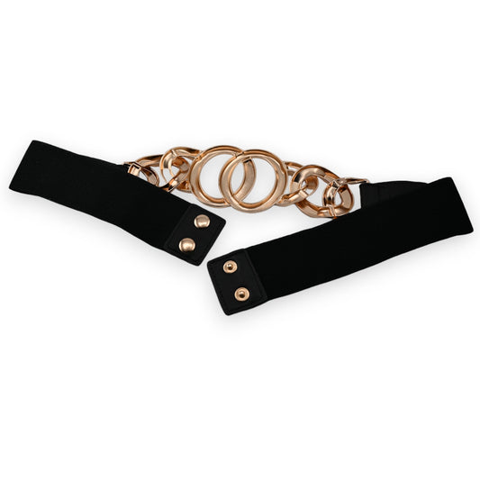 Schwarzer elastischer Gürtel mit großer goldener Ringschnalle, dekoratives Design, modisches Accessoire für Damen