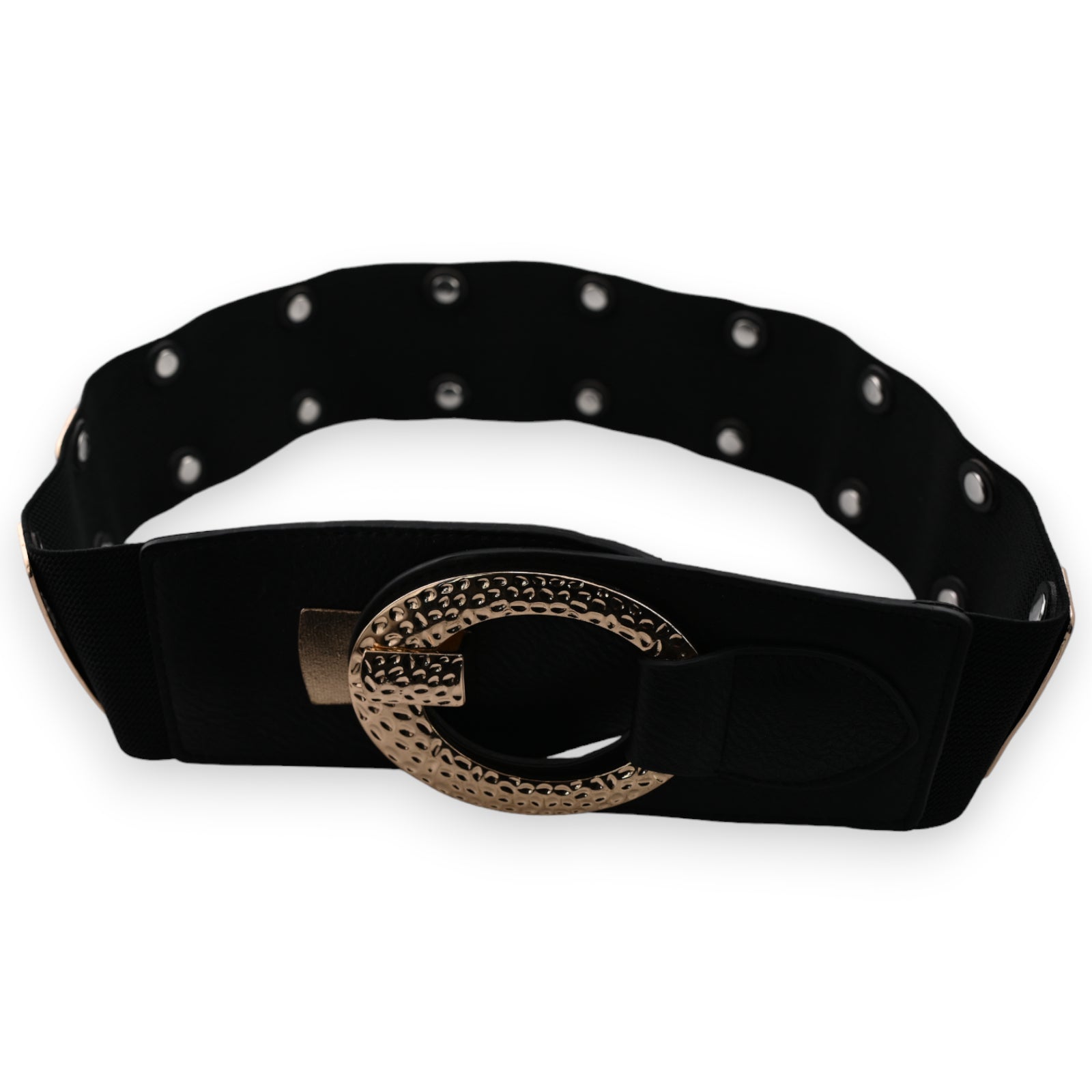 Schwarzer elastischer Gürtel mit goldener Schnalle, Lochnieten und Fantasiemuster für Damen, modisches Accessoire