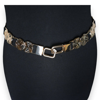 Eleganter Damengürtel: Schwarz-elastisch mit goldenen Verzierungen, dekorative Metallornamente, modischer Hüftschmuck