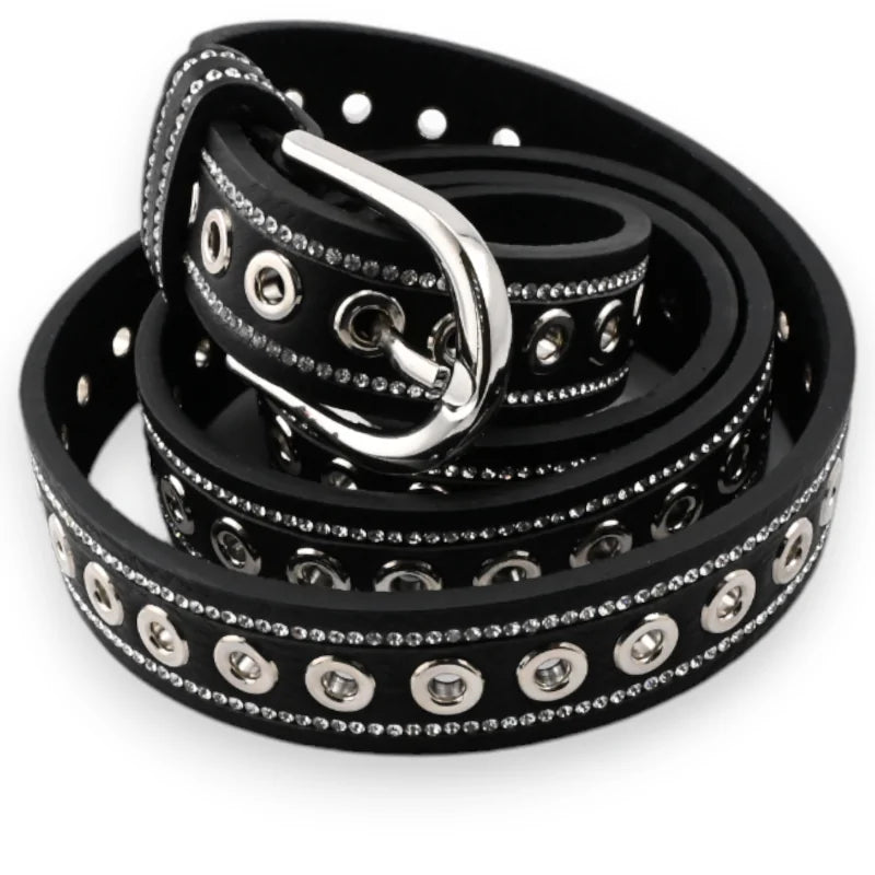 Schwarzer Gürtel mit Nieten und Strasssteine für Damen