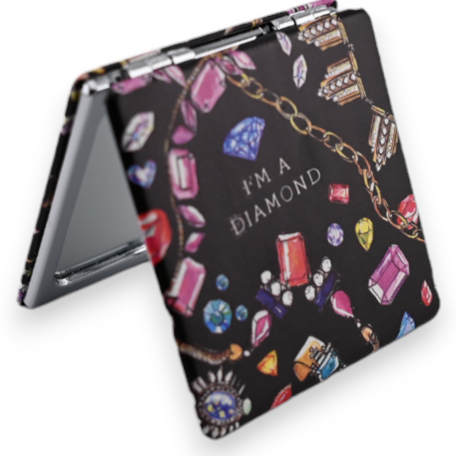 Taschenspiegel mit schwarzem Hintergrund und bunten Schmuckmotiven wie Diamanten, Edelsteinen und Ketten. Aufschrift 'I'm ...