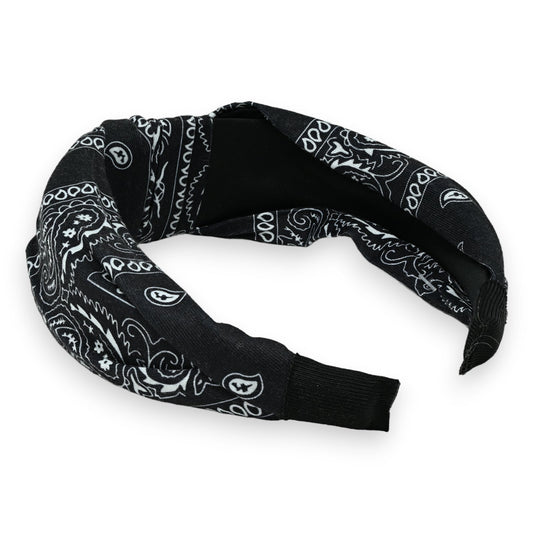 Breites schwarzes Stirnband mit weißem Paisley-Muster, elastisch, Bandana-Stil Haarband für Damen und Herren