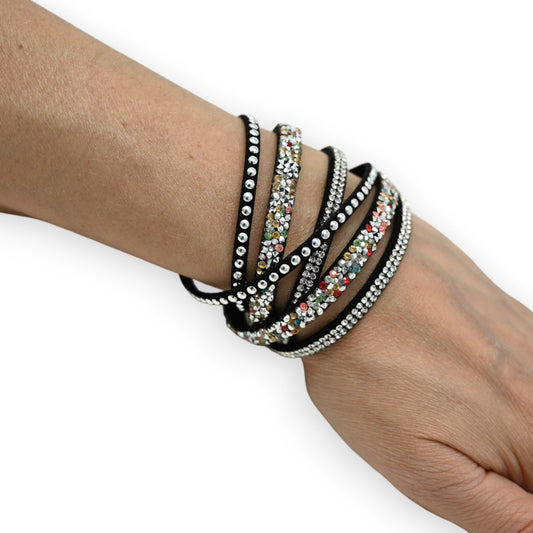 Doppel-Touren-Armband schwarz mit bunten Strasssteinen