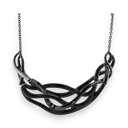 Elegantes schwarzes Metall-Collier mit gedrehtem Design und glitzernden Elementen an feiner Kette, moderner Schmuck