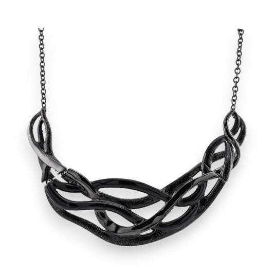 Elegantes schwarzes Metall-Collier mit gedrehtem Design und glitzernden Elementen an feiner Kette, moderner Schmuck