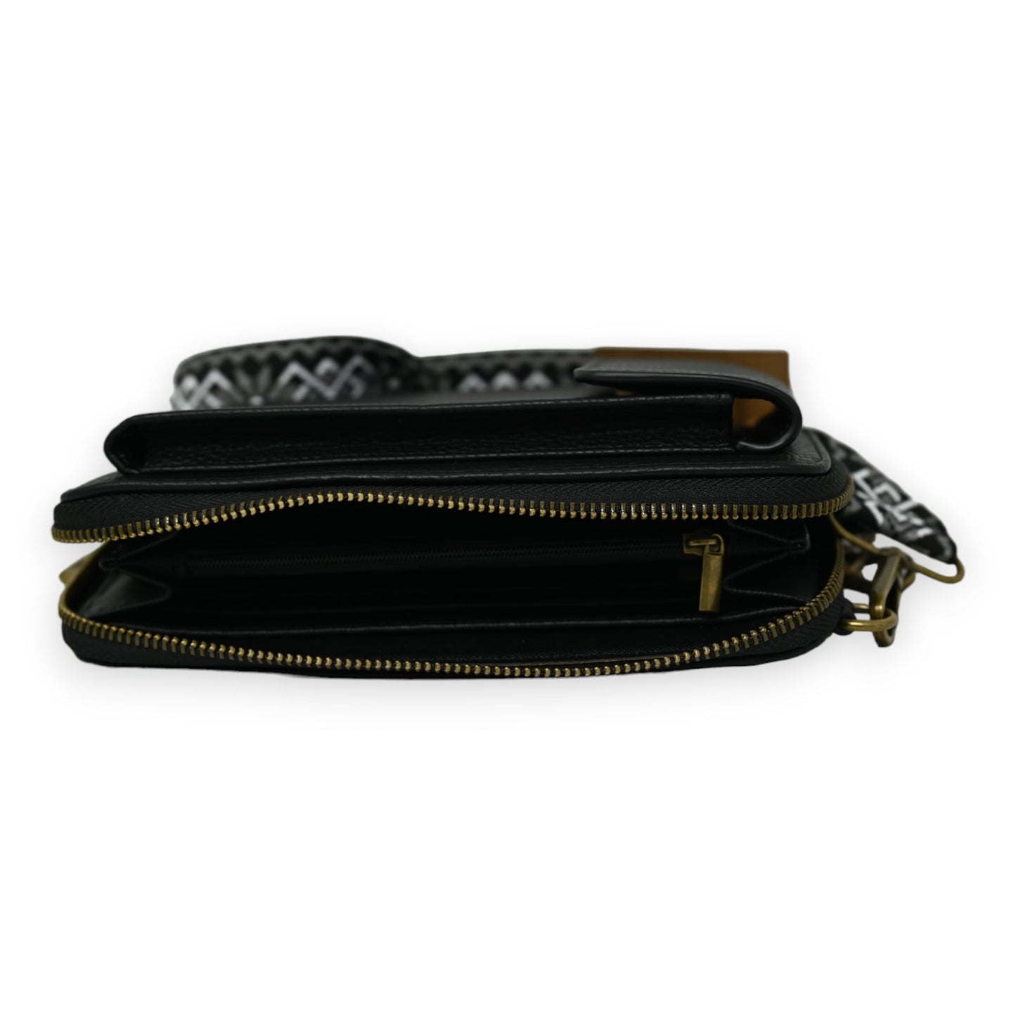 Schwarze Schultertasche mit geometrischem Muster, Handytasche und Portemonnaie mit goldenem Reißverschluss