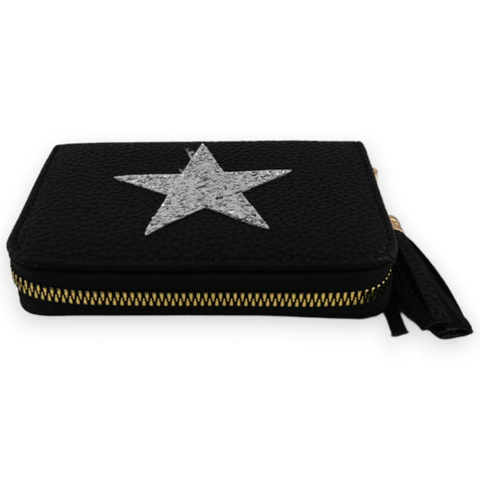 Schwarzes Portemonnaie mit silbernem Stern, Reißverschluss und strukturiertem Stoff, elegantes Design für Damen