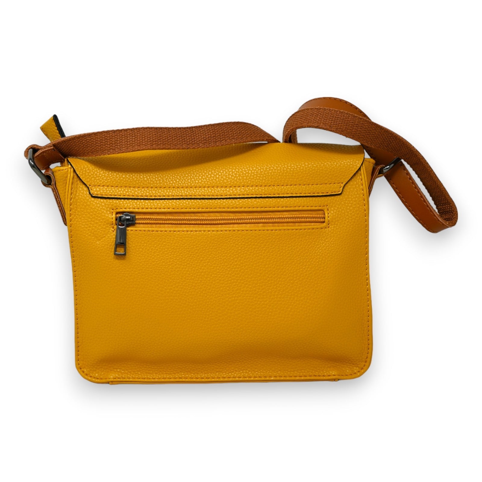 Senfgelbe Umhängetasche aus Leder mit Reißverschluss und braunem Schulterriemen, ideal für Schule oder Alltag