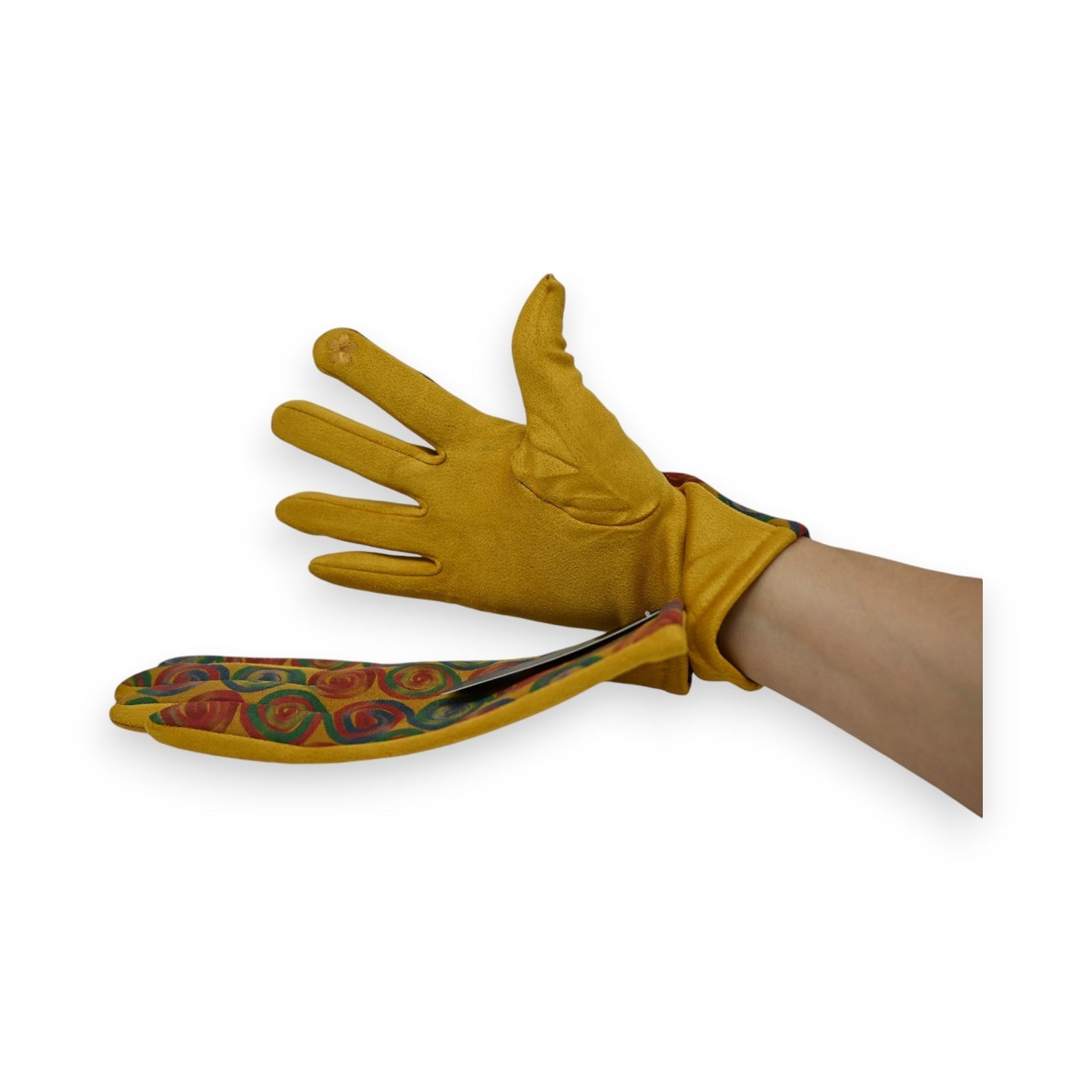 Senfgelbe Wildlederimitat-Handschuhe mit buntem Kreismuster auf der Innenseite, stylisch und praktisch für den Garten