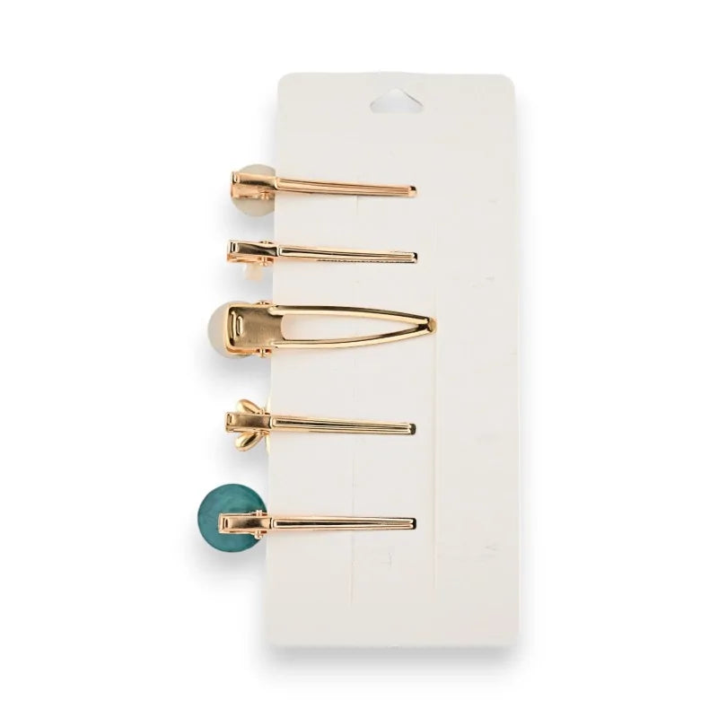 Set aus 5 goldenen Haarspangen, verschiedene Designs, darunter eine mit türkiser Perle