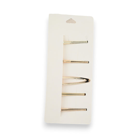 Set mit 5 goldenen Haarspangen auf weißem Karton, schlichte elegante Haarnadeln für verschiedene Frisuren