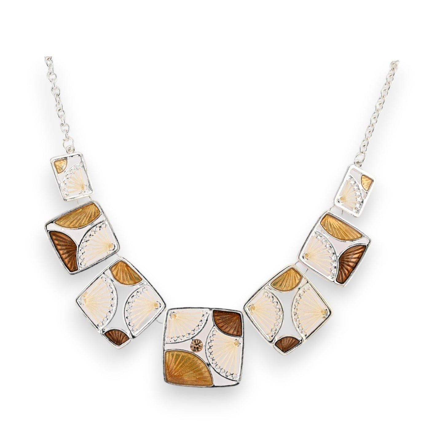 Elegante Halskette mit geometrischen Anhängern in Silber und Brauntönen, verziert mit stilisierten Blumen- und Fächermotiven