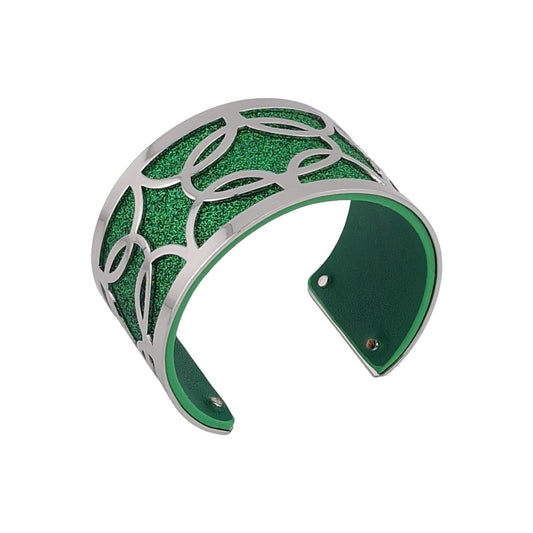 Armband Manschette mit silberner Oberfläche, grünem Wildleder mit Glitzer und glänzendem einfachem grün