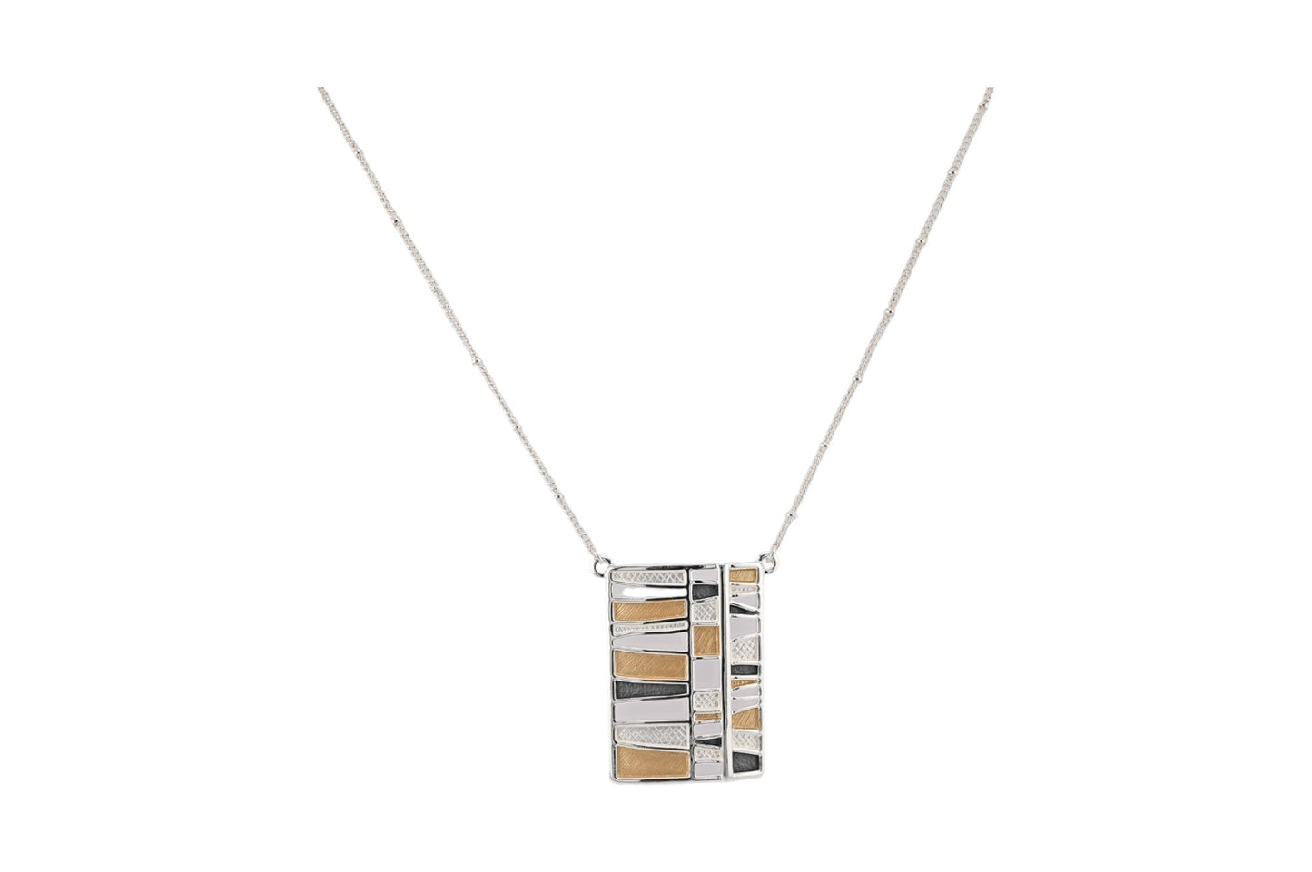Elegante Silber-Halskette mit rechteckigem Anhänger, geometrisches Muster in Gold, Silber und Schwarz
