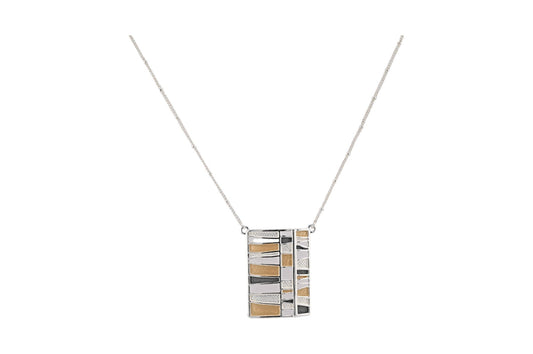 Elegante Silber-Halskette mit rechteckigem Anhänger, geometrisches Muster in Gold, Silber und Schwarz